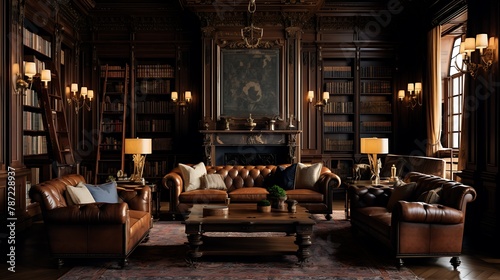 Gilded Age Library:  a library from the Gilded Age with dark mahogany bookshelves, plush leather chairs, and gold-embossed details, reflecting the wealth and luxury of America's industrial era  © MUHAMMADUMAR