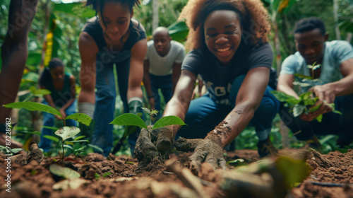 a group of enthusiastic young men and women work together to plant saplings in a forest clearing their hands dirty but expressions joyful photo