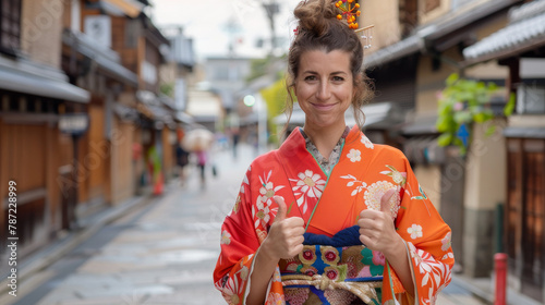 a European woman exploring the historic streets of Gion Kyoto