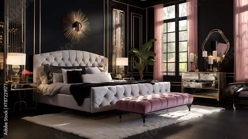 Glamorous Hollywood Regency Bedroom: Plan a bedroom with black lacquer walls, mirrored furniture, and accents of vibrant jewel tones, capturing the essence of Old Hollywood glamour photo