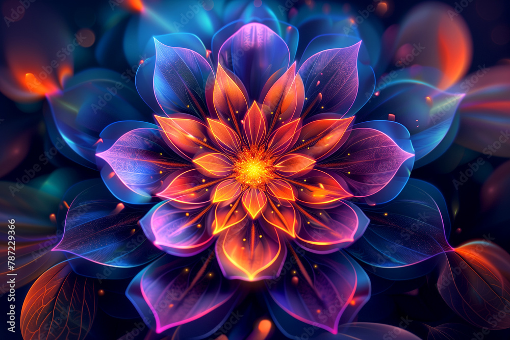 Electric blue fractal art of symmetrical glowing flower on dark background Electric blue fractal art of symmetrical glowing flower on dark background
