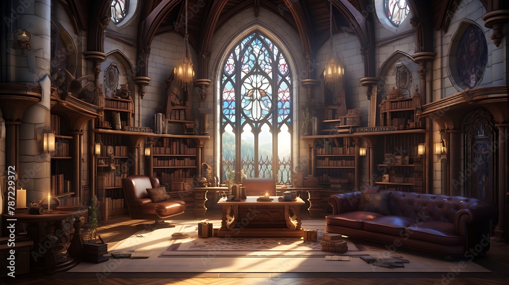 Gothic Cathedral Inspired Study: Plan a study inspired by Gothic cathedrals with towering bookshelves, pointed arch windows, and intricate stone carvings, creating a scholarly sanctuary with a sense o