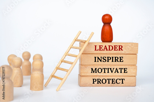 Leader that inspire, motivate and protect text on wooden blocks. Leadership concept