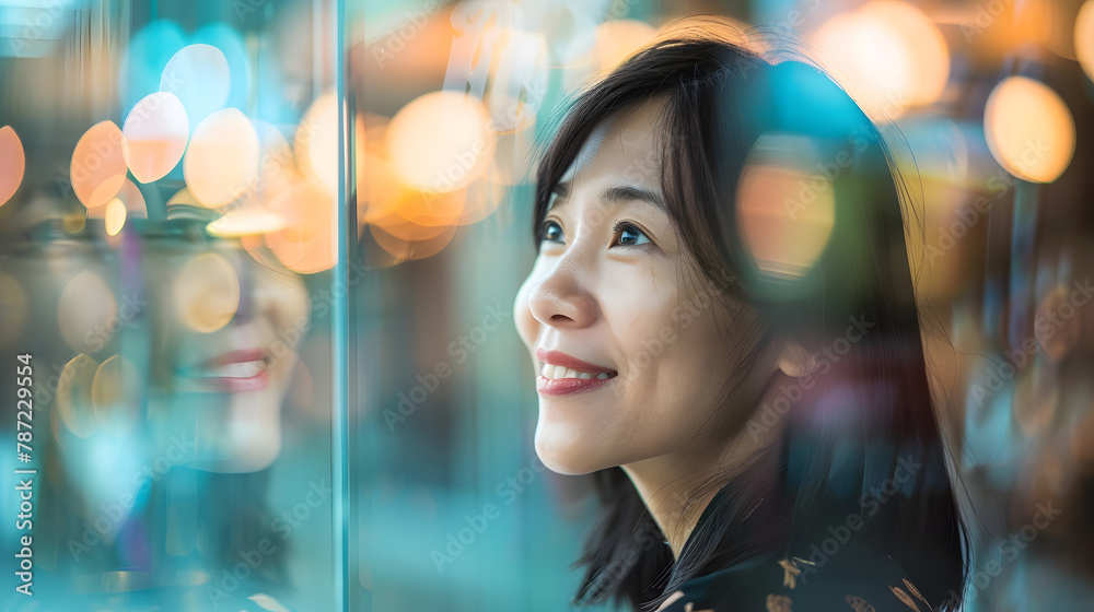 Happy Asian woman enjoying in window shopping in the city Copy space : Generative AI Happy Asian woman enjoying in window shopping in the city Copy space : Generative AI