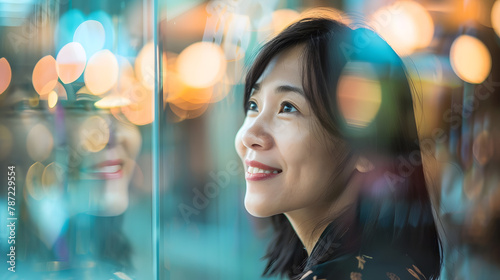 Happy Asian woman enjoying in window shopping in the city Copy space : Generative AI