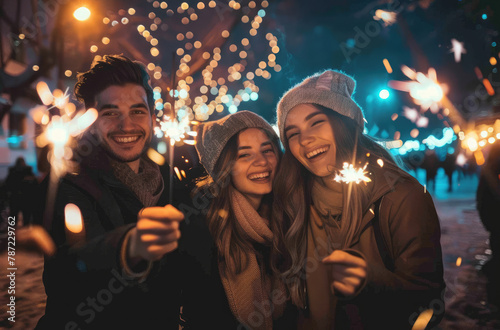 Young friends having fun with sparklers on New Year's Eve, celebrating the winter holiday in the city street, enjoying the festive party together