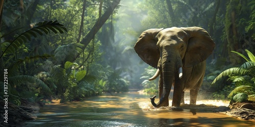 An elephant stands midstream in a lush jungle, sunlight piercing through the foliage above, creating a tranquil scene
