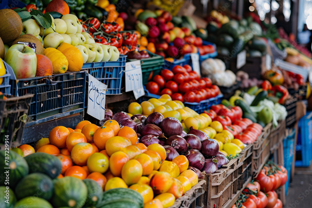 Colorful fresh produce displayed at a market stand, including a variety of fruits and vegetables such as apples, tomatoes, and peaches