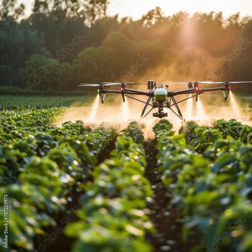Agricultural drone at sunset on a rapeseed field. innovation in agriculture