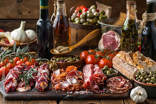 Market Freshness: A vibrant display of colorful vegetables, fruits, and culinary essentials set in a rustic kitchen scene, showcasing the wholesome ingredients of a healthy meal