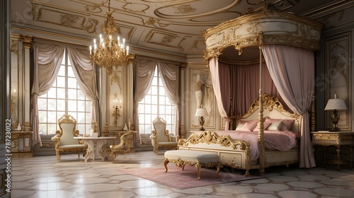 Luxurious French Ch??teau Bedroom:  a sumptuous bedroom with ornate canopy bed, silk damask wallpaper, and gilded accents, reminiscent of a lavish French ch??teau photo