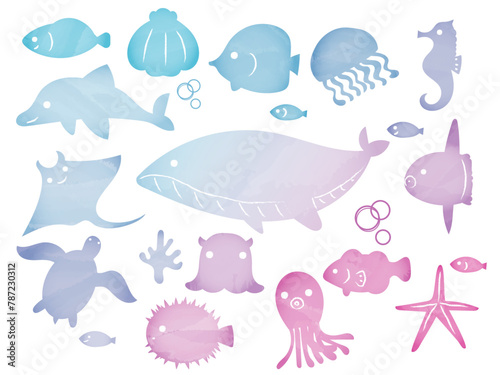 海の生き物水彩風
