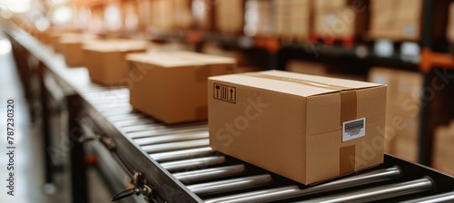 Automated e commerce logistics in warehouse with conveyor belt and cardboard box packages photo