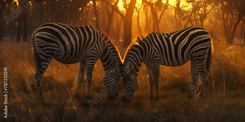 Two zebras stand face-to-face  gently touching heads in a peaceful grass field illuminated by sunset light