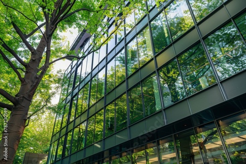green glass office building sustainable, eco-friendly modern city, tree for reducing carbon dioxide, green environment, reduce CO2. Beautiful simple AI generated image in 4K, unique.