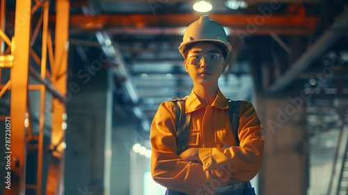Portrait of young 20s Engineer crossed arms standing over background wear hard hat safety helmet waist coat : Generative AI