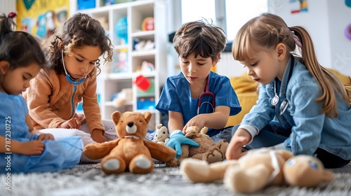 A group of children playing pretend doctor in hospital, bandaging stuffed animals and dolls, imagining themselves as future doctors or nurses photo