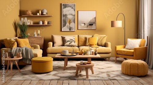 Muted Mustard Living Room: a cozy living room with walls in muted mustard tones, warm wooden furniture, and soft neutral accents, radiating a sense of warmth and comfort