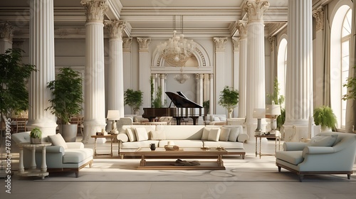 Neoclassical Drawing Room:  a neoclassical-inspired drawing room with Ionic columns, marble fireplace, and elegant silk draperies, embodying the timeless sophistication of ancient Greek and Roman aest photo