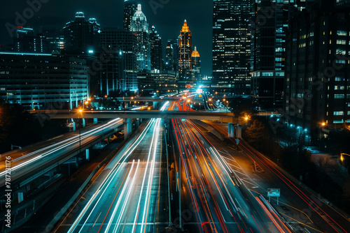 rone photo taken at night of Atlanta Georgia cityscape with blurred traffic photo