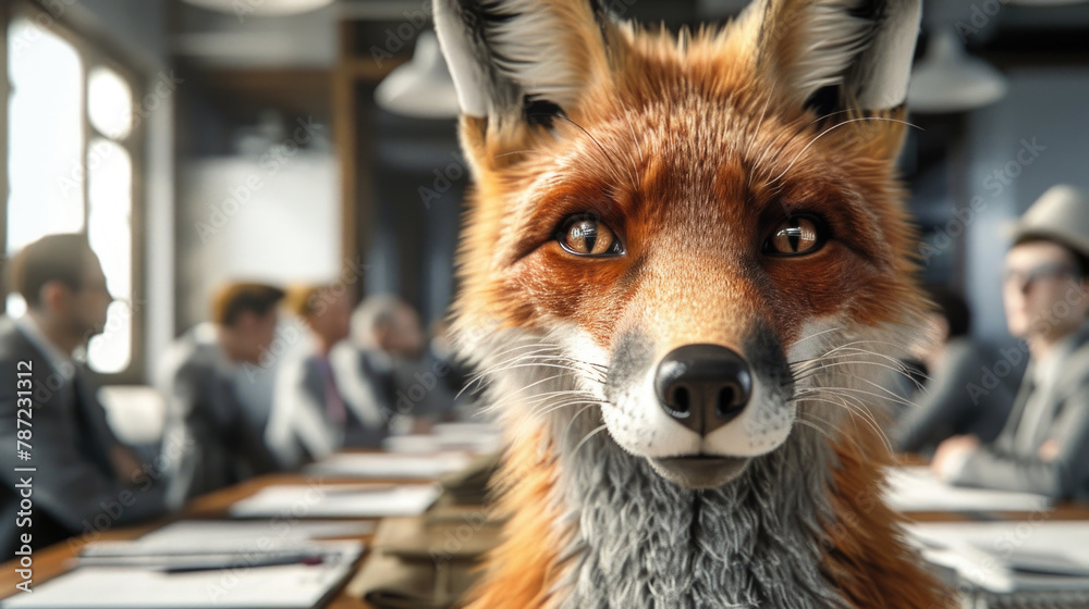 Obraz premium A realistic fox participating in a corporate boardroom meeting alongside human colleagues