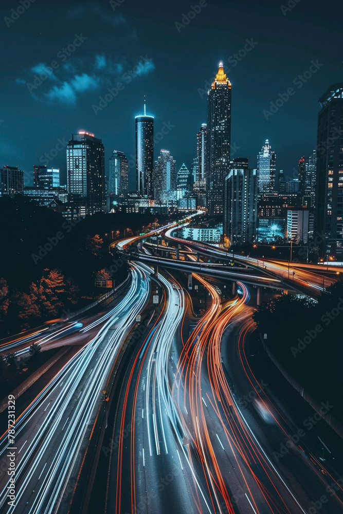 Obraz premium Urban Nightscape, Drone Image Capturing Atlanta City Lights and Traffic Blur