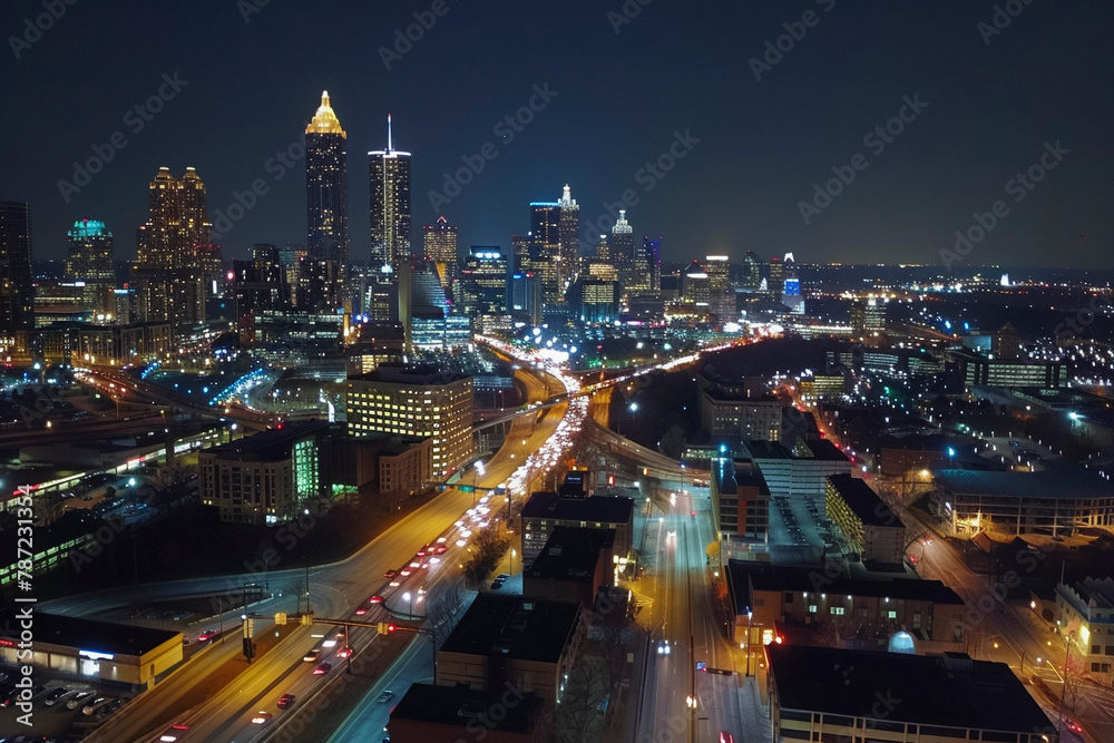 Fototapeta premium Urban Nightscape, Drone Image Capturing Atlanta City Lights and Traffic Blur