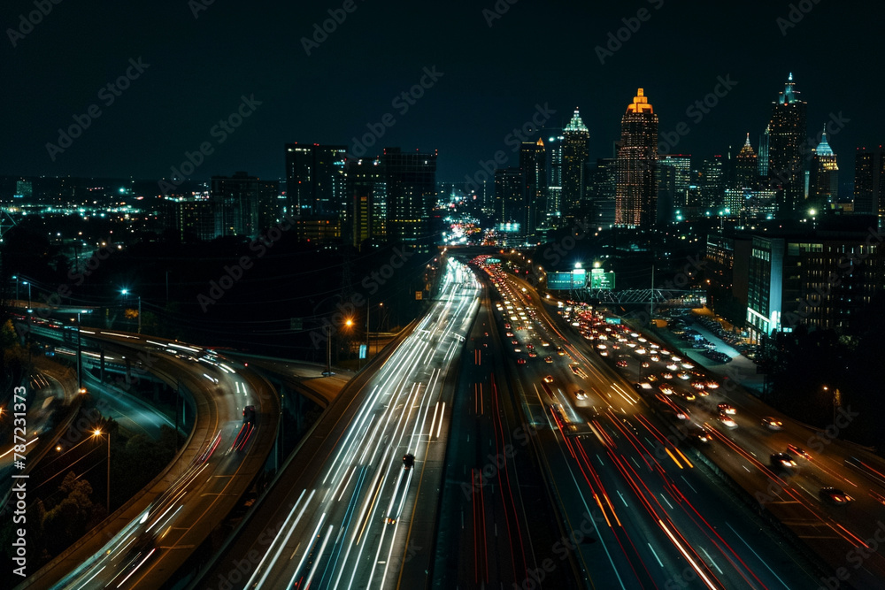 Urban Nightscape, Drone Image Capturing Atlanta City Lights and Traffic Blur