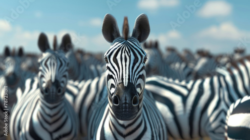 A group of zebra standing closely together in a field  showcasing their distinctive black and white striped coats
