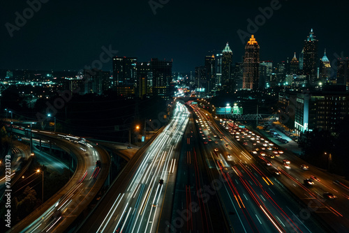 Urban Nightscape  Drone Image Capturing Atlanta City Lights and Traffic Blur