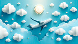 Airplane soaring among fluffy clouds with a bright sun on a blue sky, ideal for travel agencies, vacation promos, and summer campaigns.