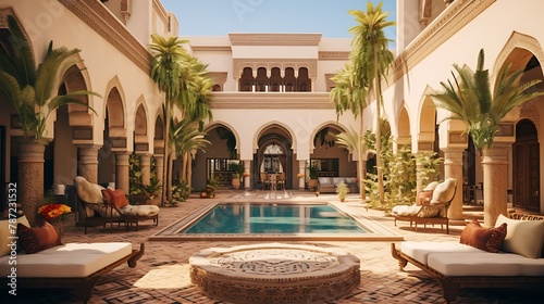 Palatial Moroccan Courtyard: Plan a breathtaking courtyard with mosaic tiles, arched doorways, and ornate fountains, capturing the essence of a luxurious Moroccan palace