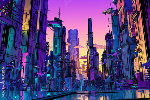 Dusk descends on a neon-soaked futuristic cityscape, reflecting vibrant hues off tranquil waters.