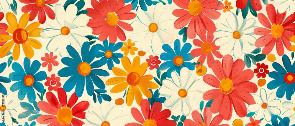 Colorful floral illustration. Vintage style hippie flower background design.