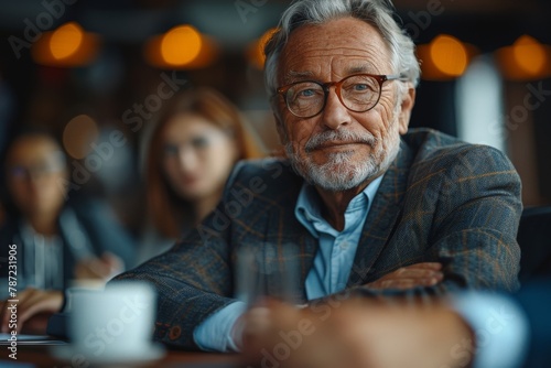 Close-up of an elderly businessman in a meeting with a coffee cup and a focused expression Professional and contemplative mood photo
