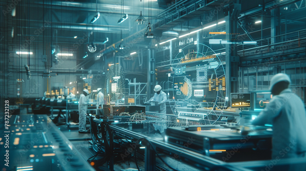 Fototapeta premium HD capture of engineers working on a high-tech production line with interactive holographic displays.