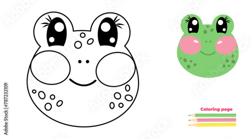 Cute outline frog face, head. Coloring page illustration for kids. Frogs animal in line drawing. For printable children's and adults coloring page or book