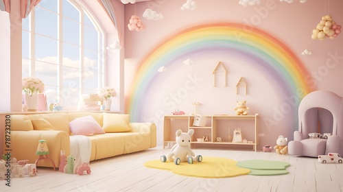 Pastel Rainbow Playroom: Plan a vibrant playroom with walls featuring a pastel rainbow mural, colorful furniture, and interactive elements, stimulating creativity and playfulness