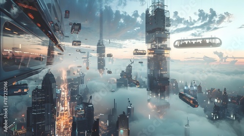 Futuristic City: Floating Vehicles Glide Serenely Above the Streets Towards Skyscrapers Touching the Clouds