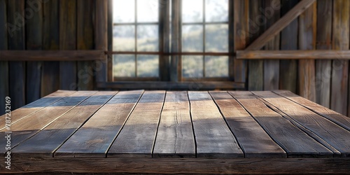 Close-up of a textured wooden table with the rustic appeal of an old barn seen through a window in soft focus