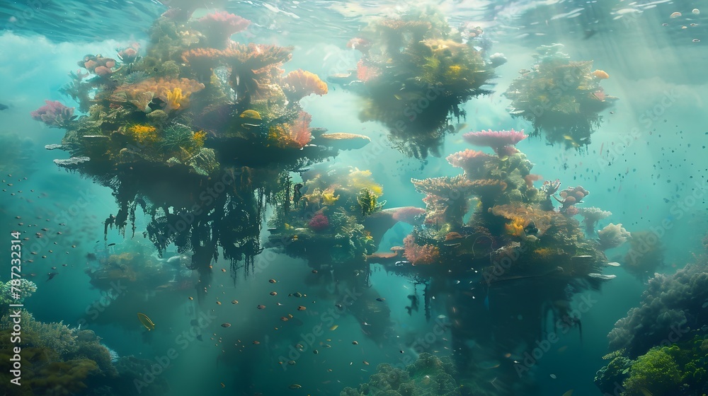 Dreamy Seascape: Floating Islands of Vibrant Coral and Marine Life Create a Magical Underwater World Above the Surface Dreamy Seascape: Floating Islands of Vibrant Coral and Marine Life Create a Magical Underwater World Above the Surface