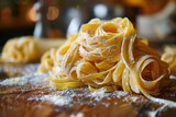 A delectable close-up of raw fettuccine pasta nests on a wooden surface, embodying the art of pasta making and home cooking