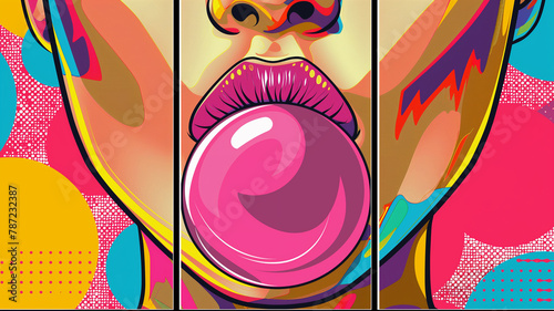 3 panel wall art, Wow pop art. Woman face lips blowing bubble with a pink bubble gum. Vector colorful background in pop art retro. Pop art poster usable for interior design.