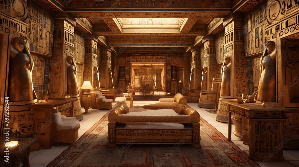 Plan an ancient Egyptian-inspired chamber with hieroglyphic-covered walls, golden accents, and an ornate sarcophagus as the centerpiece