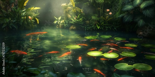 Serene Koi fish swim beneath the lily pads in a tranquil garden pond, encapsulating peace, harmony, and integration with nature