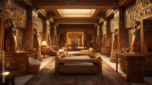 Plan an ancient Egyptian-inspired chamber with hieroglyphic-covered walls  golden accents  and an ornate sarcophagus as the centerpiece