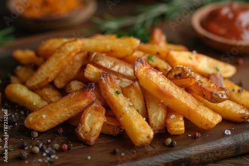 Appetizing image of crispy golden fries lightly seasoned and garnished with fresh herbs