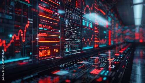 Algorithmic Trading, Illustrate the concept of algorithmic trading and high-frequency trading algorithms with images of computer servers, coding screens, and financial data analysis