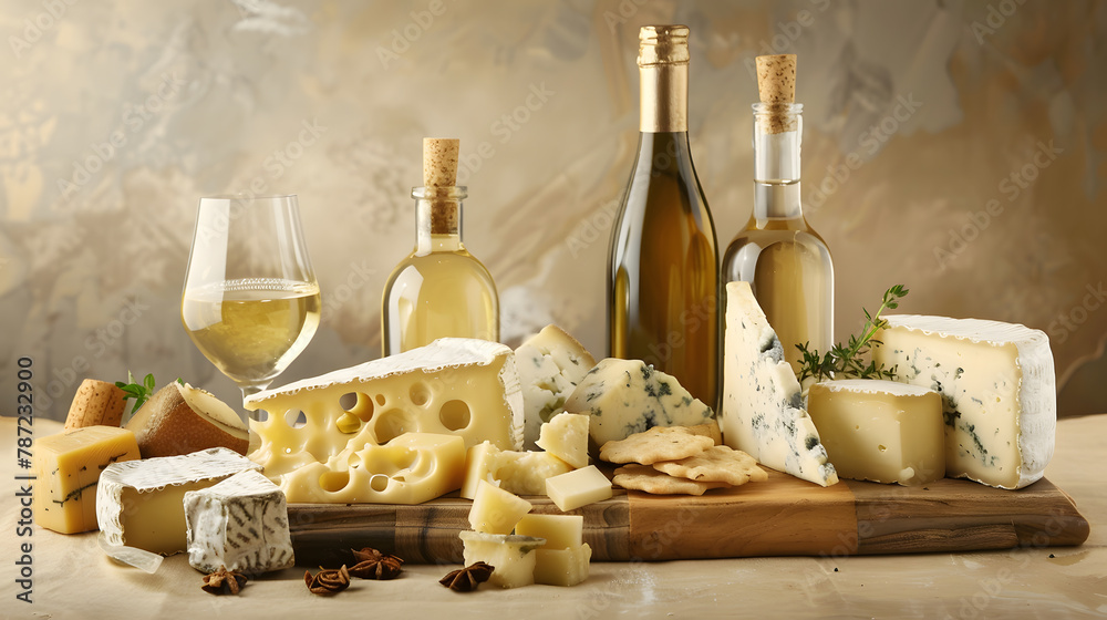 Naklejka premium Various cheese on board and white wine Over beige background with copy space : Generative AI