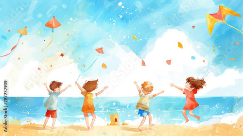 Group of children of diverse ethnicities and genders flying colorful kites on a sandy beach on a sunny day. The kites soar in the clear blue sky as the children run and laugh © sommersby